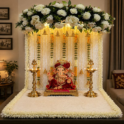 Simple White Floral Ganpati Decoration