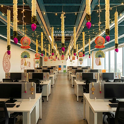 Traditional Diwali Office Decoration with Floral Hangings