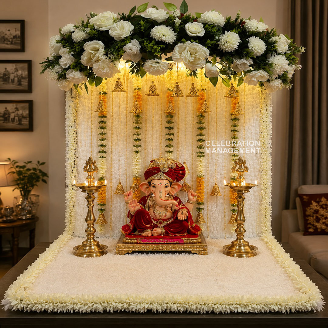 Simple White Floral Ganpati Decoration